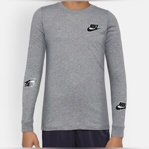 NIKE Boys Size Medium Grey with Black & White Logo Long Sleeve Tee Shirt